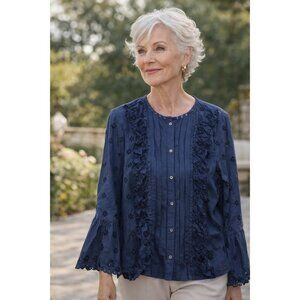 J. Crew Eyelet-trim Ruffle button-up shirt, navy blue bell sleeves, size 8